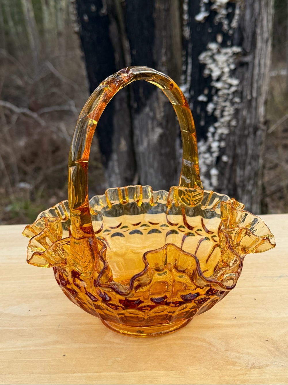Fenton Amber Glass Ruffled Basket with Handle